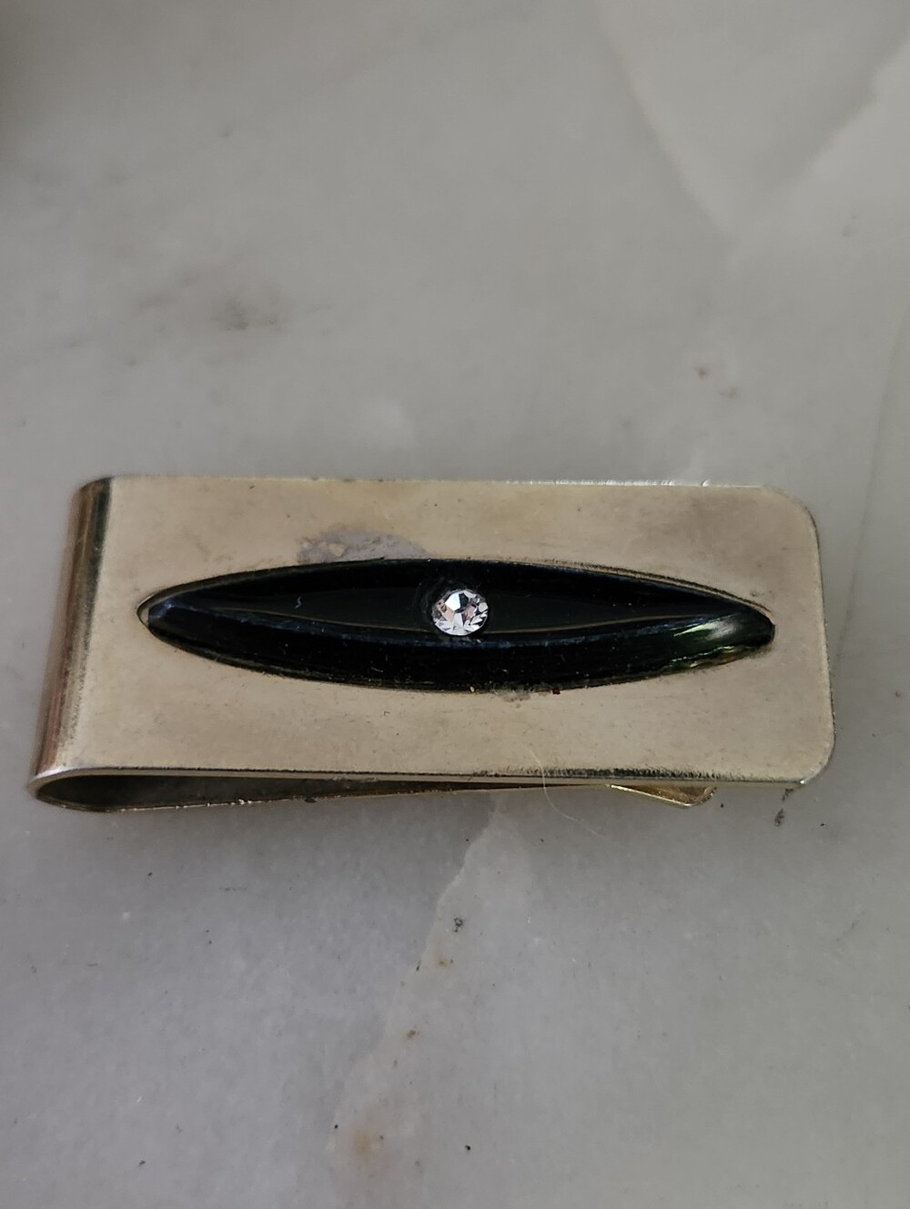 Vtg Gold-Tone Money Clip with Black Inlay and Crystal Accent